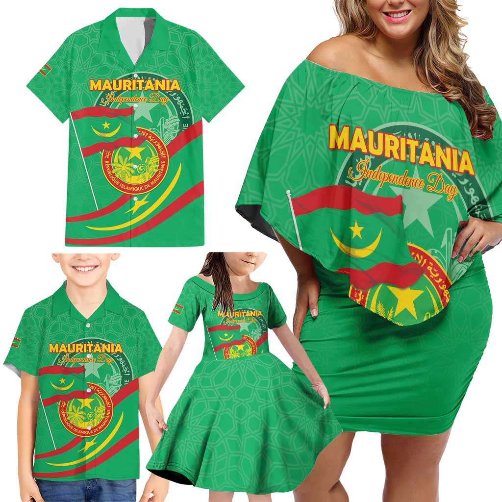 Personalized Mauritania Independence Day Family Matching Off Shoulder Short Dress and Hawaiian Shirt Coat Of Arms With Map - Wonder Print Shop