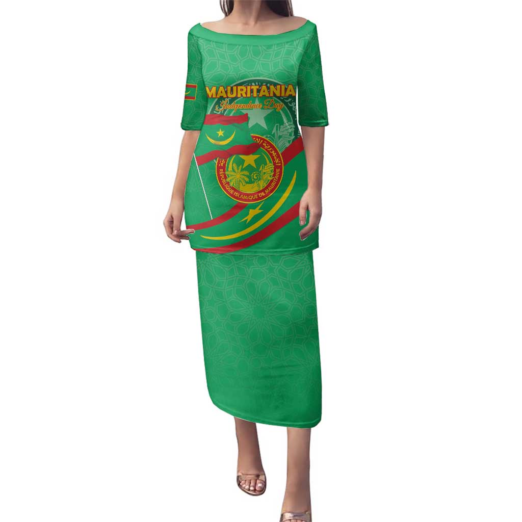 Personalized Mauritania Independence Day Family Matching Puletasi and Hawaiian Shirt Coat Of Arms With Map - Wonder Print Shop