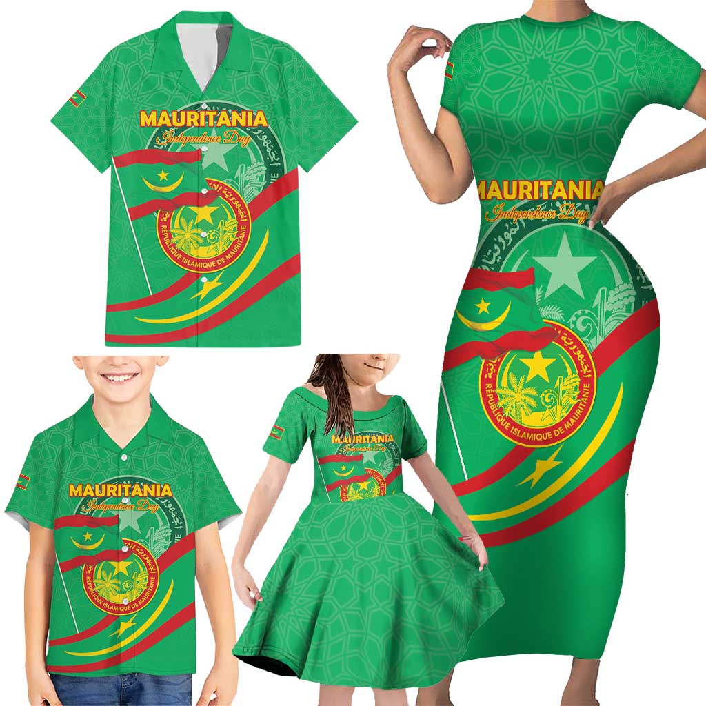 Personalized Mauritania Independence Day Family Matching Short Sleeve Bodycon Dress and Hawaiian Shirt Coat Of Arms With Map - Wonder Print Shop
