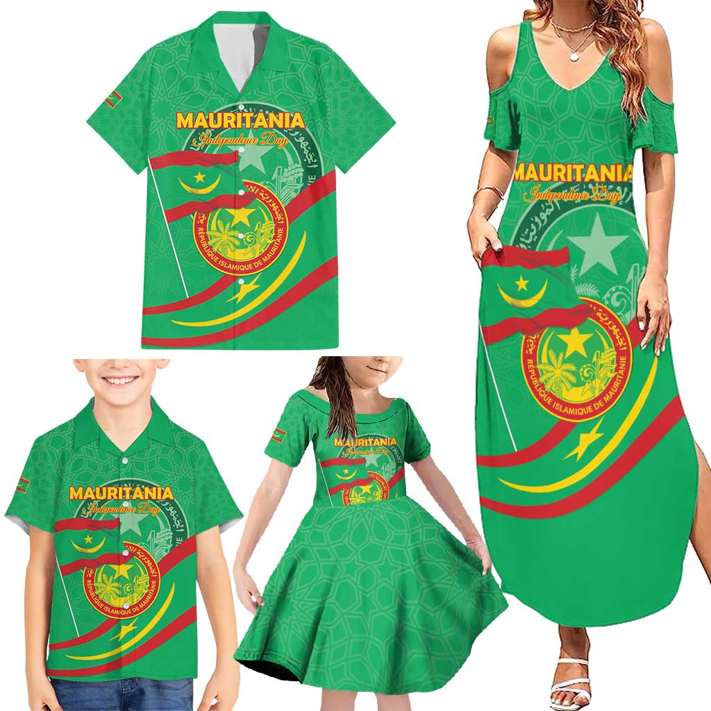 Personalized Mauritania Independence Day Family Matching Summer Maxi Dress and Hawaiian Shirt Coat Of Arms With Map - Wonder Print Shop