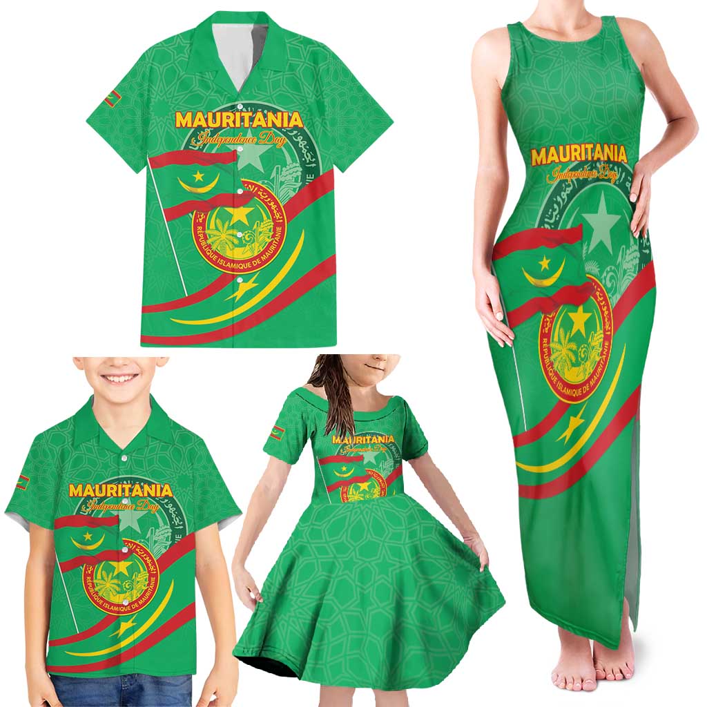 Personalized Mauritania Independence Day Family Matching Tank Maxi Dress and Hawaiian Shirt Coat Of Arms With Map - Wonder Print Shop