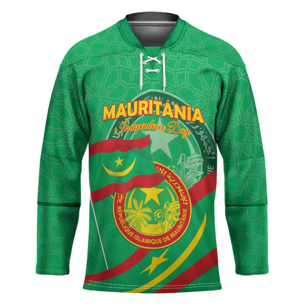 Personalized Mauritania Independence Day Hockey Jersey Coat Of Arms With Map - Wonder Print Shop