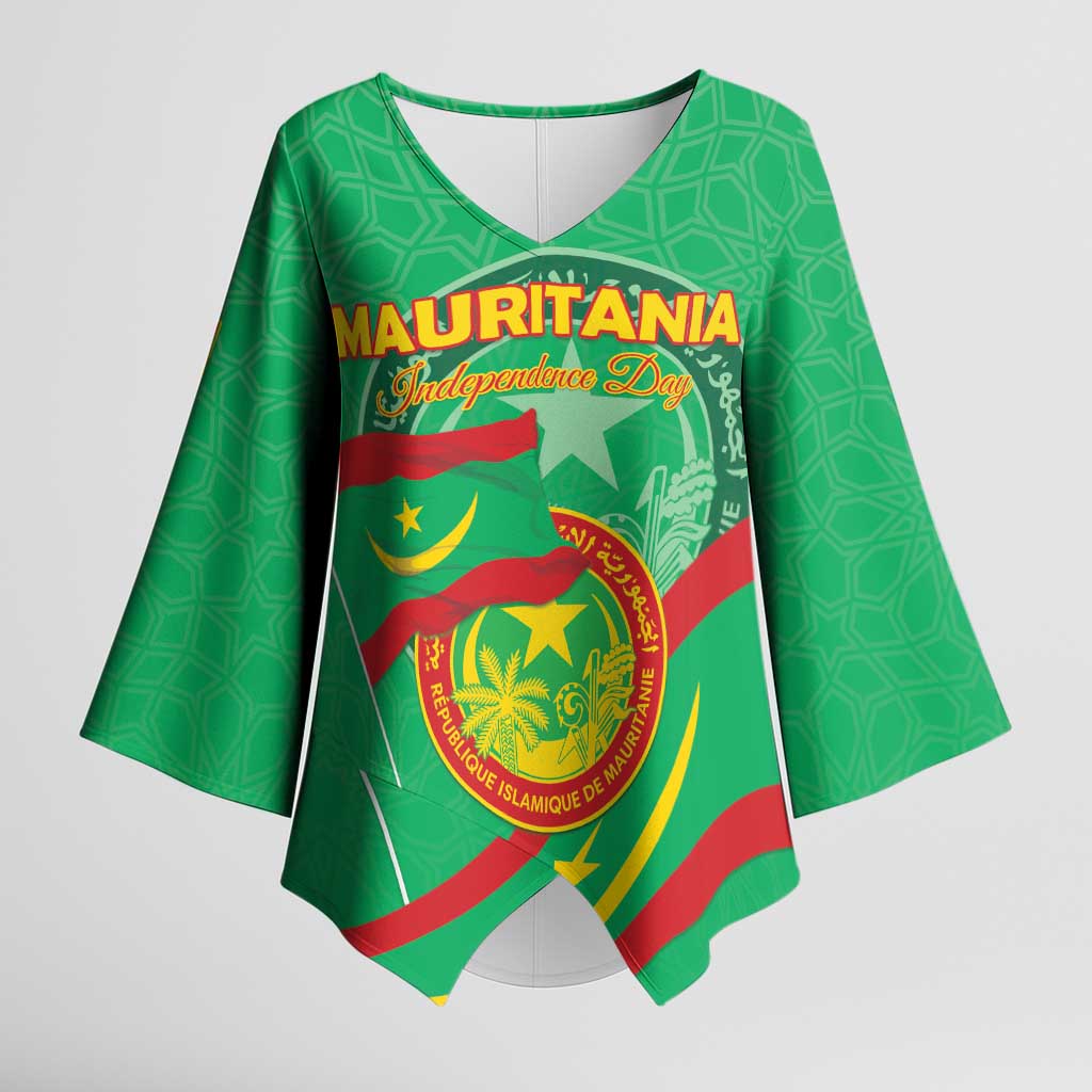 Personalized Mauritania Independence Day Kimono Sleeve Blouse Coat Of Arms With Map - Wonder Print Shop