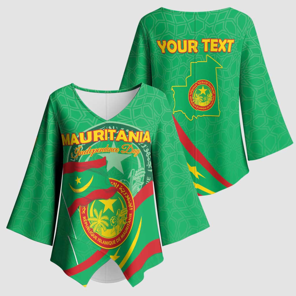 Personalized Mauritania Independence Day Kimono Sleeve Blouse Coat Of Arms With Map - Wonder Print Shop