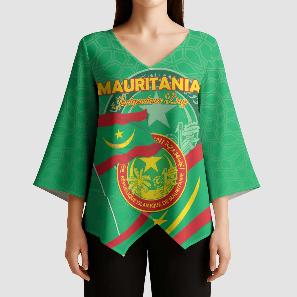 Personalized Mauritania Independence Day Kimono Sleeve Blouse Coat Of Arms With Map - Wonder Print Shop