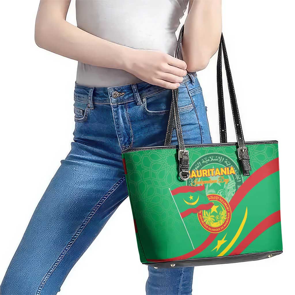 Mauritania Independence Day Leather Tote Bag Coat Of Arms With Map - Wonder Print Shop