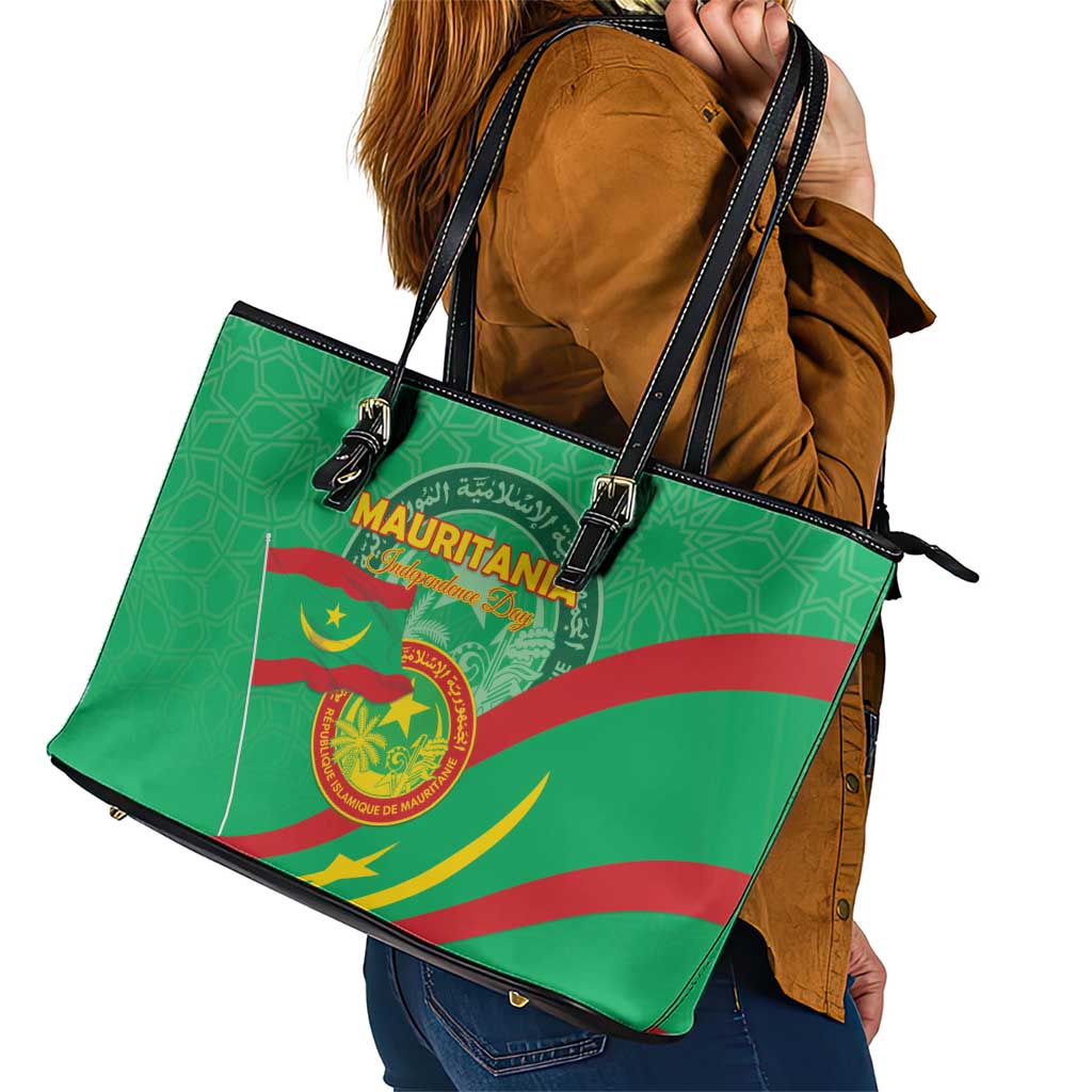 Mauritania Independence Day Leather Tote Bag Coat Of Arms With Map - Wonder Print Shop