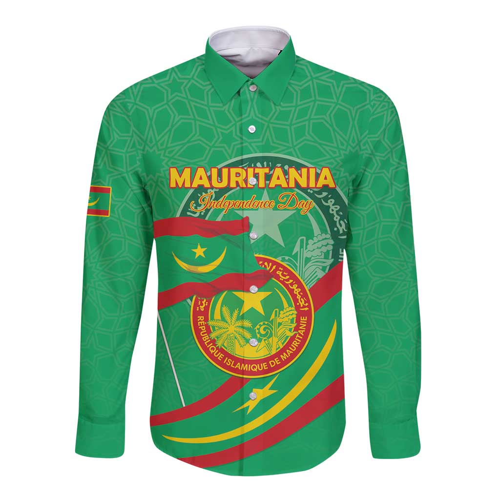 Personalized Mauritania Independence Day Long Sleeve Button Shirt Coat Of Arms With Map - Wonder Print Shop