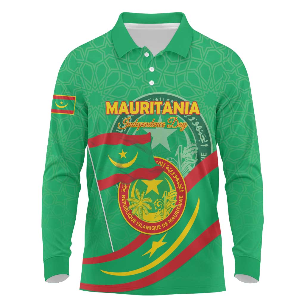 Personalized Mauritania Independence Day Long Sleeve Polo Shirt Coat Of Arms With Map - Wonder Print Shop