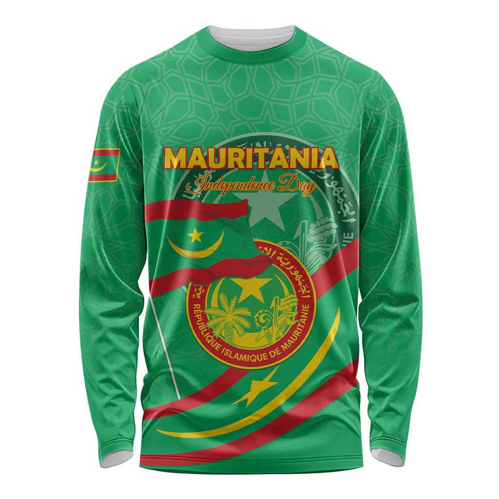 Personalized Mauritania Independence Day Long Sleeve Shirt Coat Of Arms With Map - Wonder Print Shop