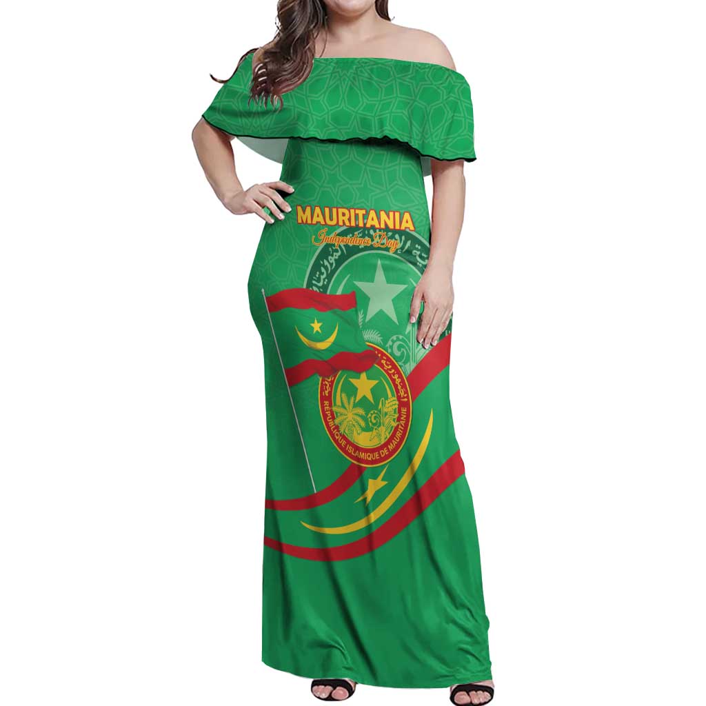 Personalized Mauritania Independence Day Off Shoulder Maxi Dress Coat Of Arms With Map - Wonder Print Shop