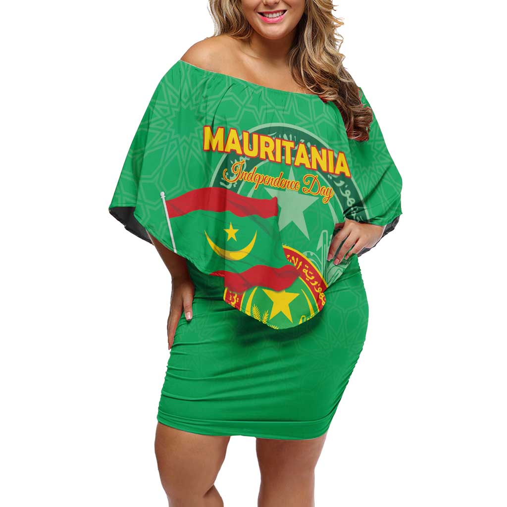 Personalized Mauritania Independence Day Off Shoulder Short Dress Coat Of Arms With Map - Wonder Print Shop
