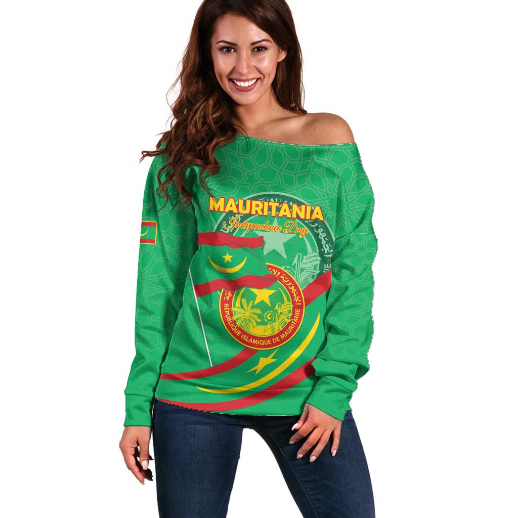 Personalized Mauritania Independence Day Off Shoulder Sweater Coat Of Arms With Map - Wonder Print Shop