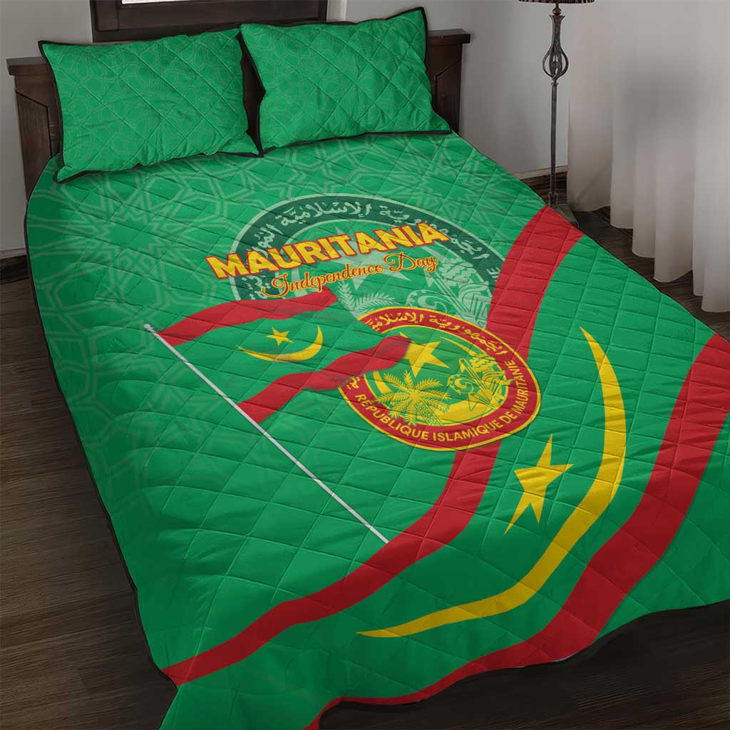 Mauritania Independence Day Quilt Bed Set Coat Of Arms With Map - Wonder Print Shop