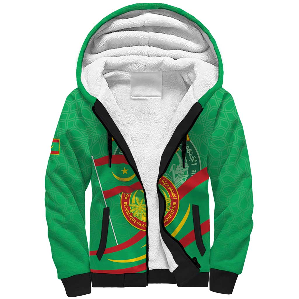 Personalized Mauritania Independence Day Sherpa Hoodie Coat Of Arms With Map - Wonder Print Shop