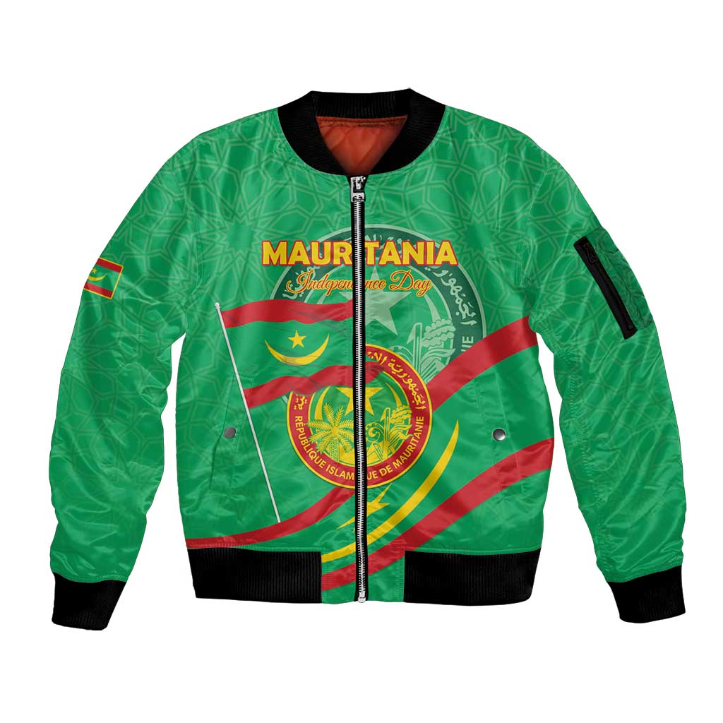 Personalized Mauritania Independence Day Sleeve Zip Bomber Jacket Coat Of Arms With Map - Wonder Print Shop