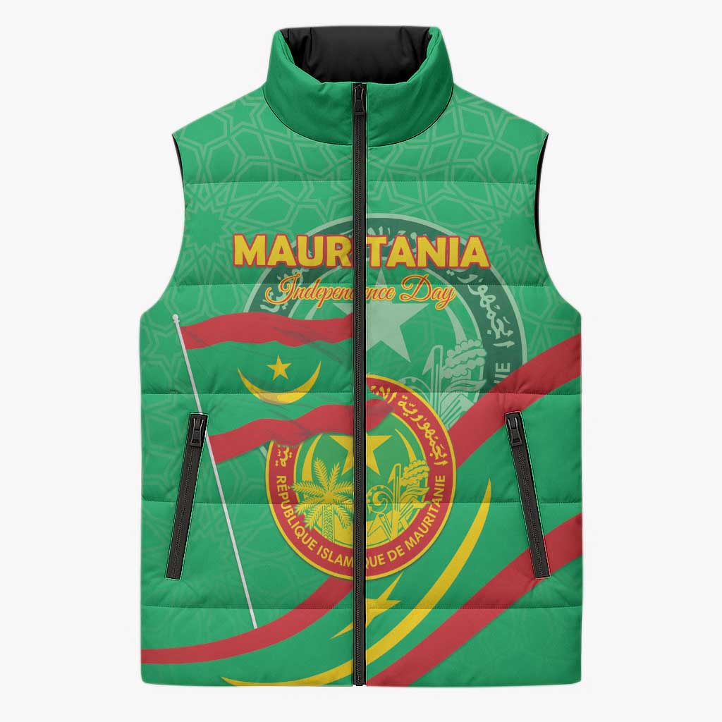 Personalized Mauritania Independence Day Sleeveless Puffer Jacket Coat Of Arms With Map - Wonder Print Shop