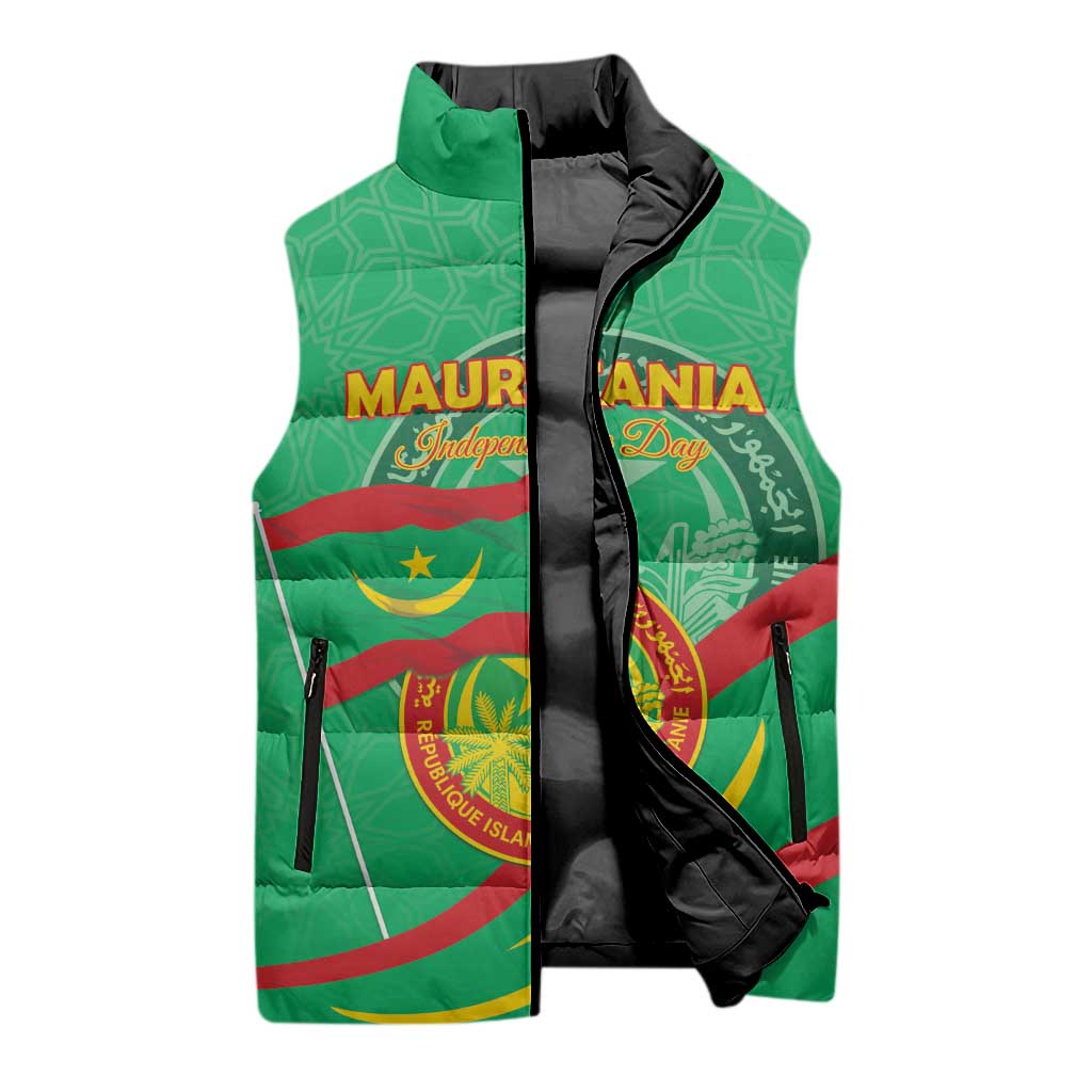 Personalized Mauritania Independence Day Sleeveless Puffer Jacket Coat Of Arms With Map - Wonder Print Shop