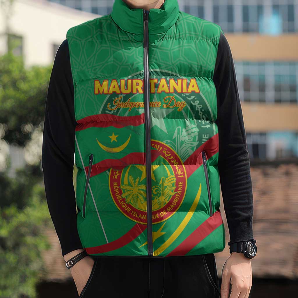 Personalized Mauritania Independence Day Sleeveless Puffer Jacket Coat Of Arms With Map - Wonder Print Shop