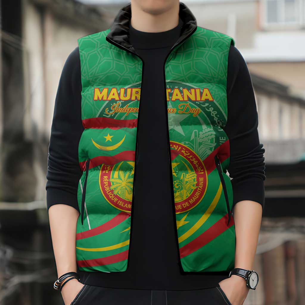 Personalized Mauritania Independence Day Sleeveless Puffer Jacket Coat Of Arms With Map - Wonder Print Shop