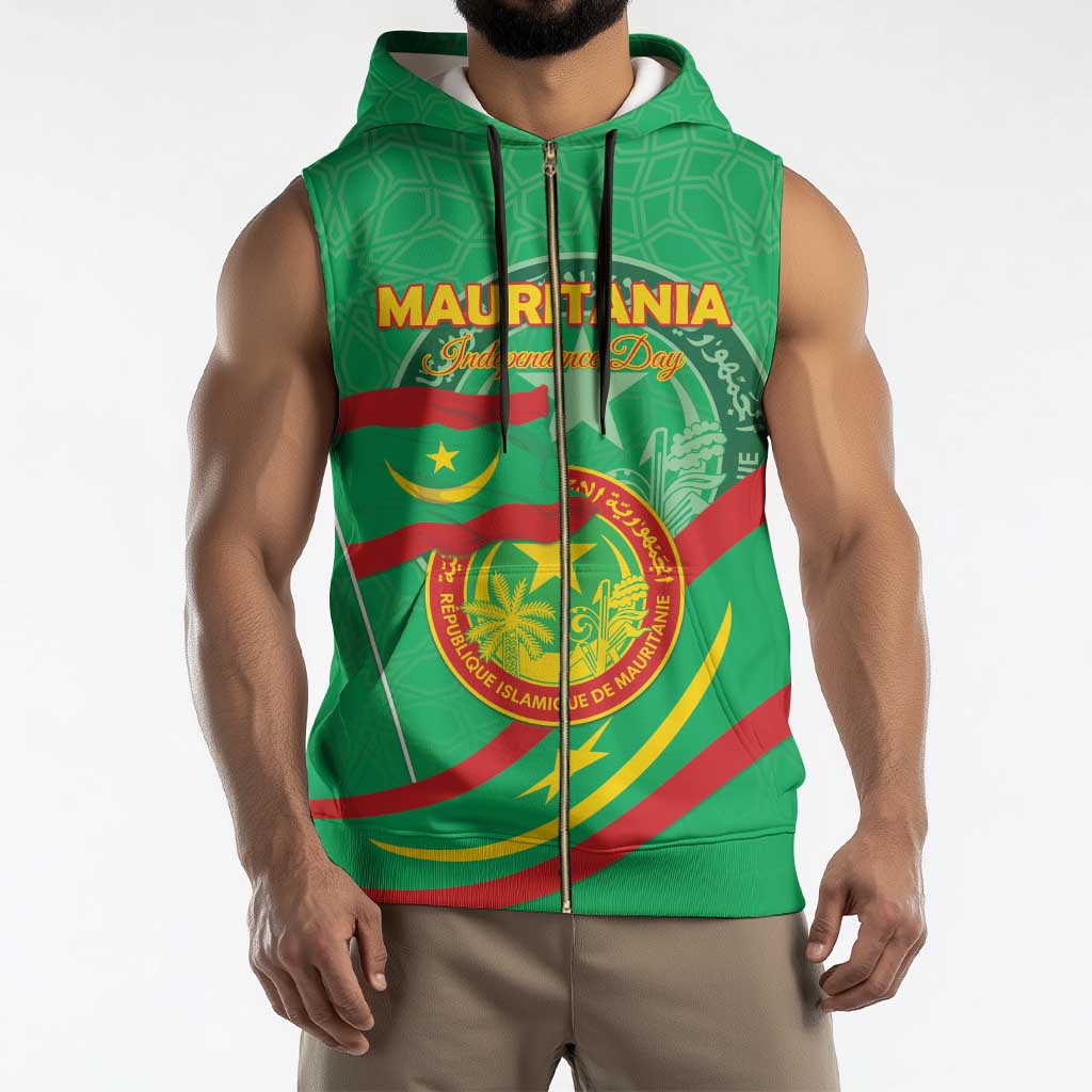 Personalized Mauritania Independence Day Sleeveless Zip Hoodie Coat Of Arms With Map - Wonder Print Shop