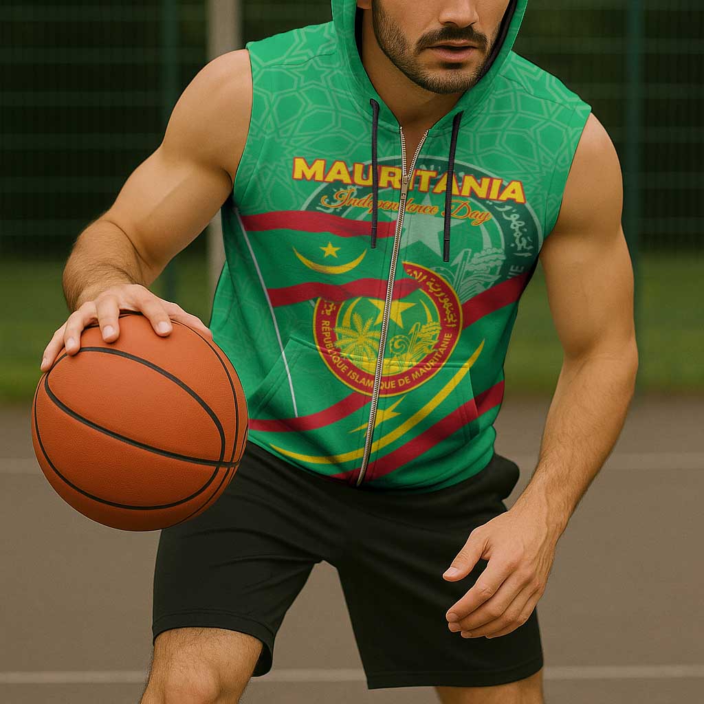 Personalized Mauritania Independence Day Sleeveless Zip Hoodie Coat Of Arms With Map - Wonder Print Shop