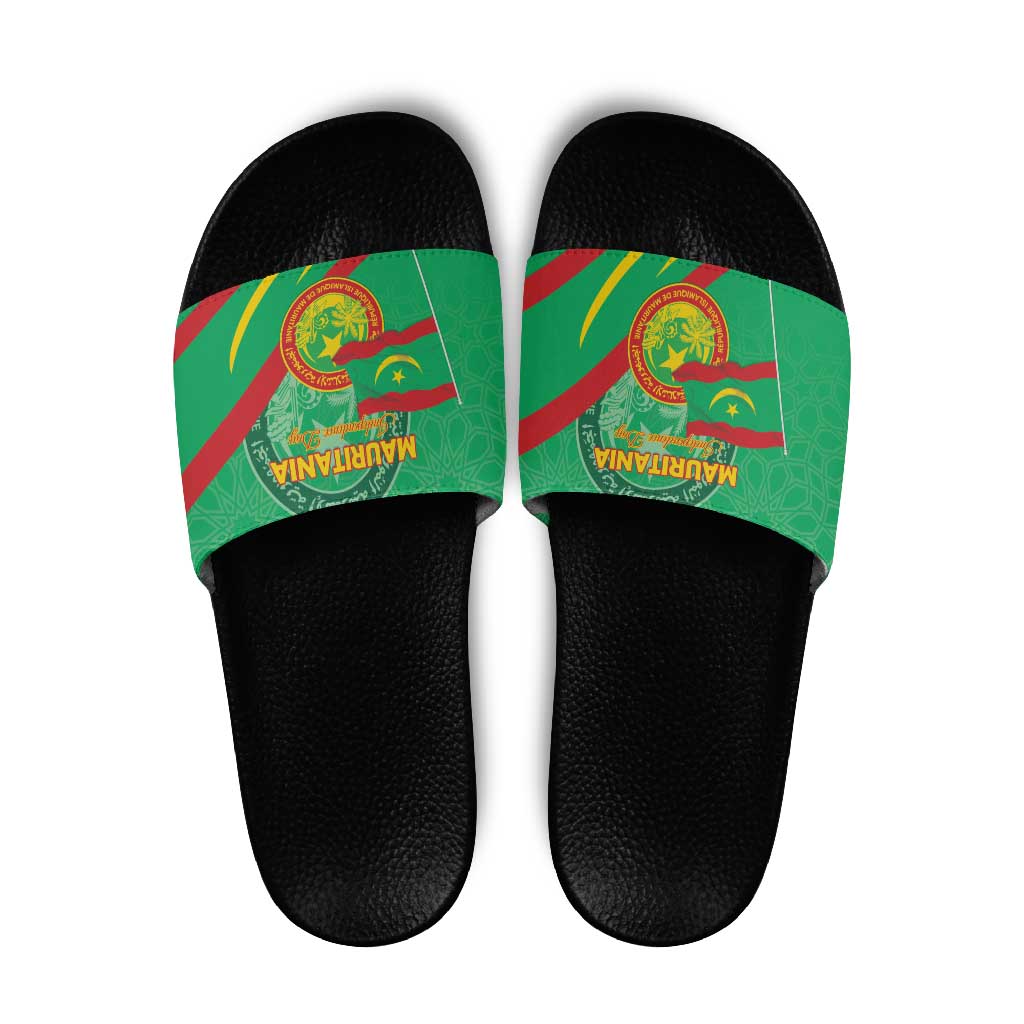 Mauritania Independence Day Slide Sandals Coat Of Arms With Map - Wonder Print Shop