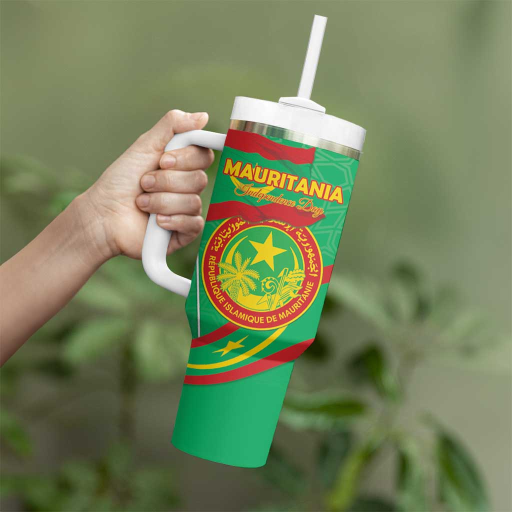 Personalized Mauritania Independence Day Tumbler With Handle Coat Of Arms With Map - Wonder Print Shop