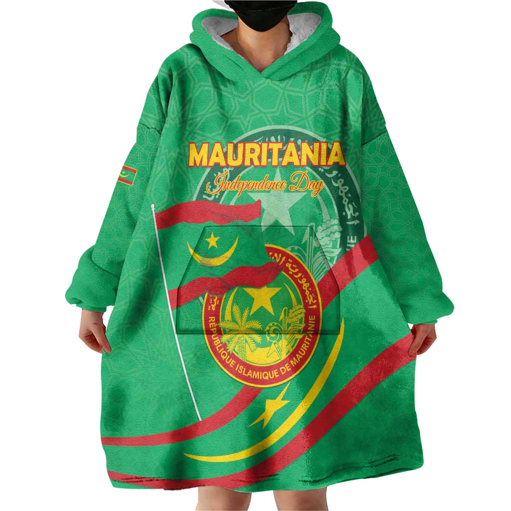Personalized Mauritania Independence Day Wearable Blanket Hoodie Coat Of Arms With Map - Wonder Print Shop