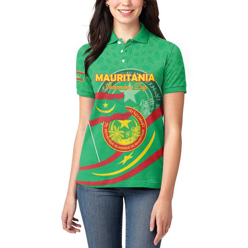 Personalized Mauritania Independence Day Women Polo Shirt Coat Of Arms With Map - Wonder Print Shop