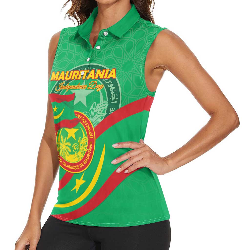 Personalized Mauritania Independence Day Women Sleeveless Polo Shirt Coat Of Arms With Map - Wonder Print Shop
