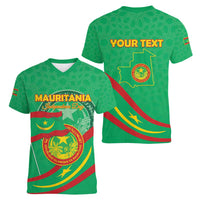 Personalized Mauritania Independence Day Women V-Neck T-Shirt Coat Of Arms With Map - Wonder Print Shop