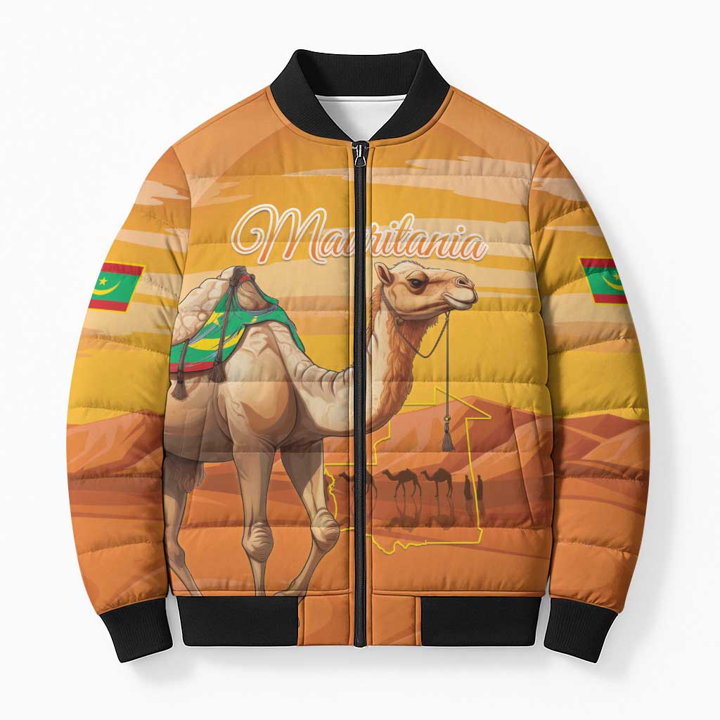 Personalized Mauritania Sahara Bomber Puffer Jacket Camel With Map - Wonder Print Shop