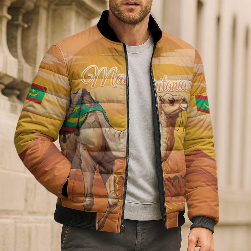 Personalized Mauritania Sahara Bomber Puffer Jacket Camel With Map - Wonder Print Shop