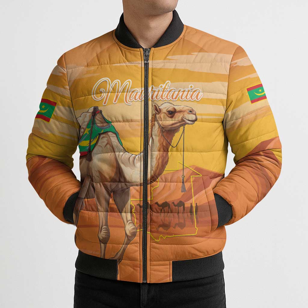Personalized Mauritania Sahara Bomber Puffer Jacket Camel With Map - Wonder Print Shop