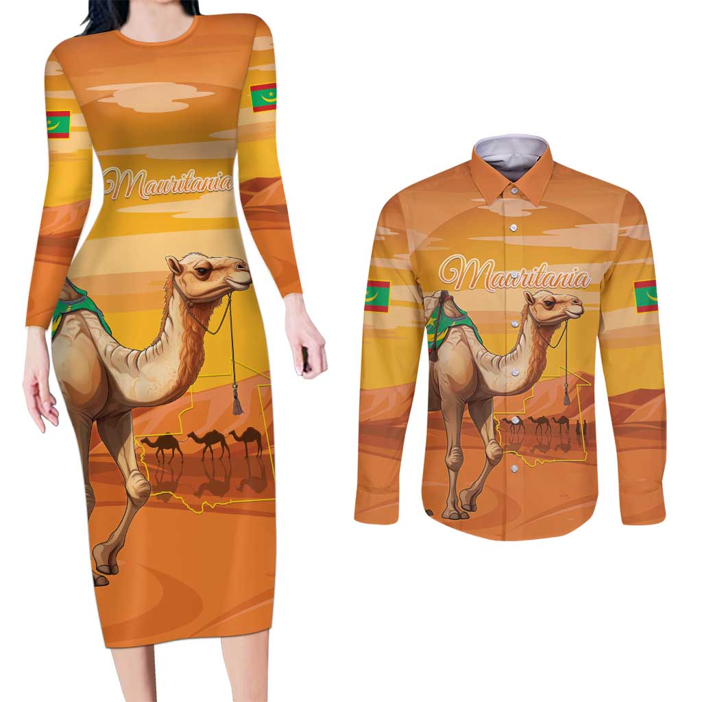Personalized Mauritania Sahara Couples Matching Long Sleeve Bodycon Dress and Long Sleeve Button Shirt Camel With Map - Wonder Print Shop