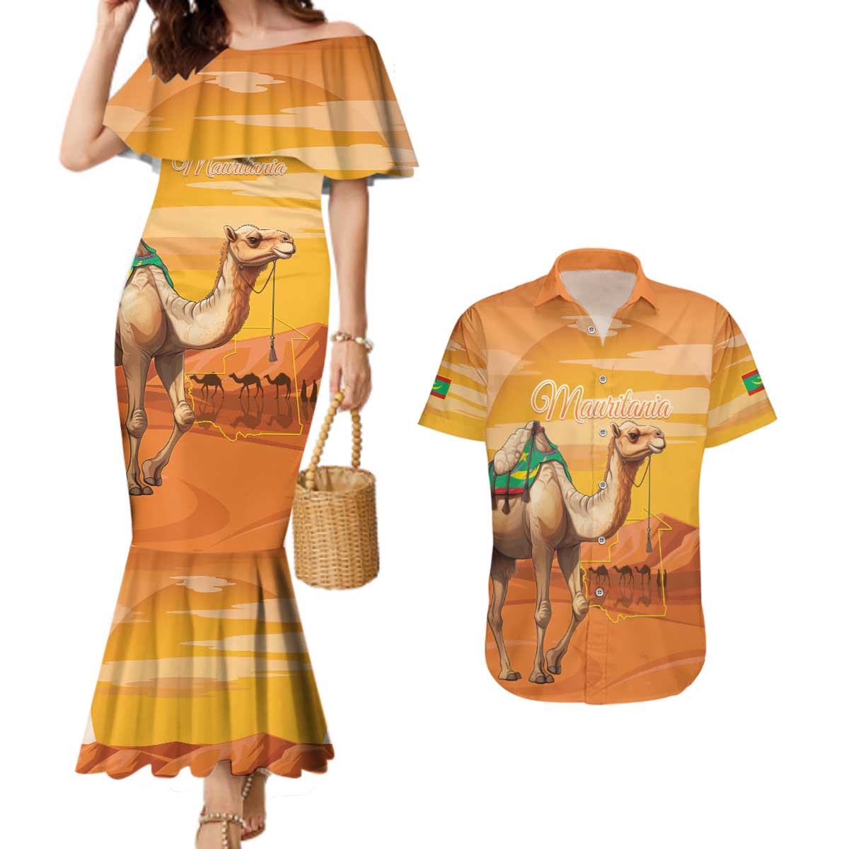 Personalized Mauritania Sahara Couples Matching Mermaid Dress and Hawaiian Shirt Camel With Map - Wonder Print Shop