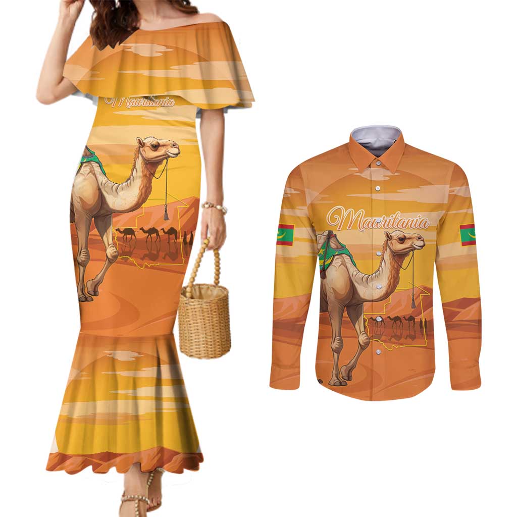 Personalized Mauritania Sahara Couples Matching Mermaid Dress and Long Sleeve Button Shirt Camel With Map - Wonder Print Shop