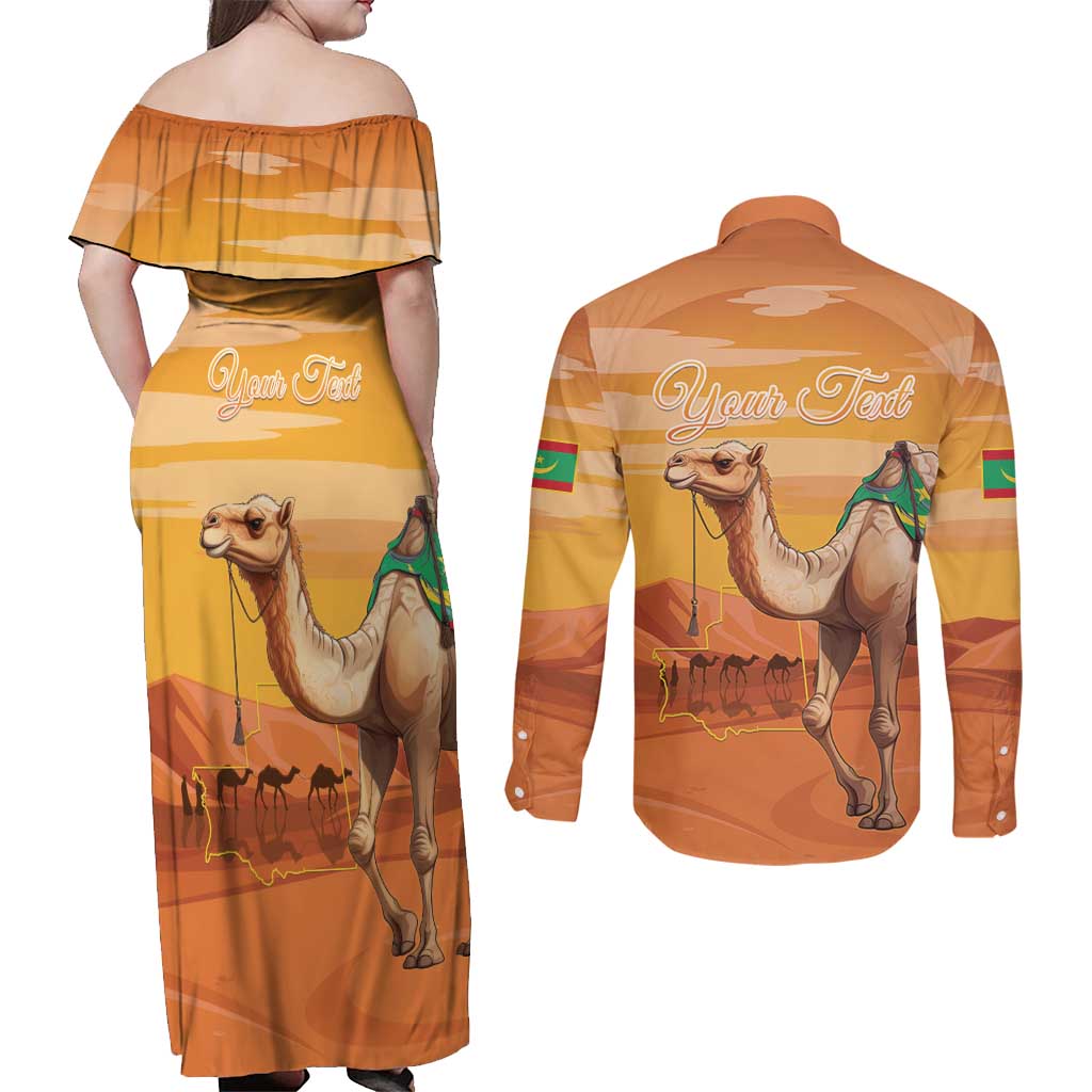 Personalized Mauritania Sahara Couples Matching Off Shoulder Maxi Dress and Long Sleeve Button Shirt Camel With Map - Wonder Print Shop