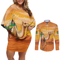 Personalized Mauritania Sahara Couples Matching Off Shoulder Short Dress and Long Sleeve Button Shirt Camel With Map - Wonder Print Shop