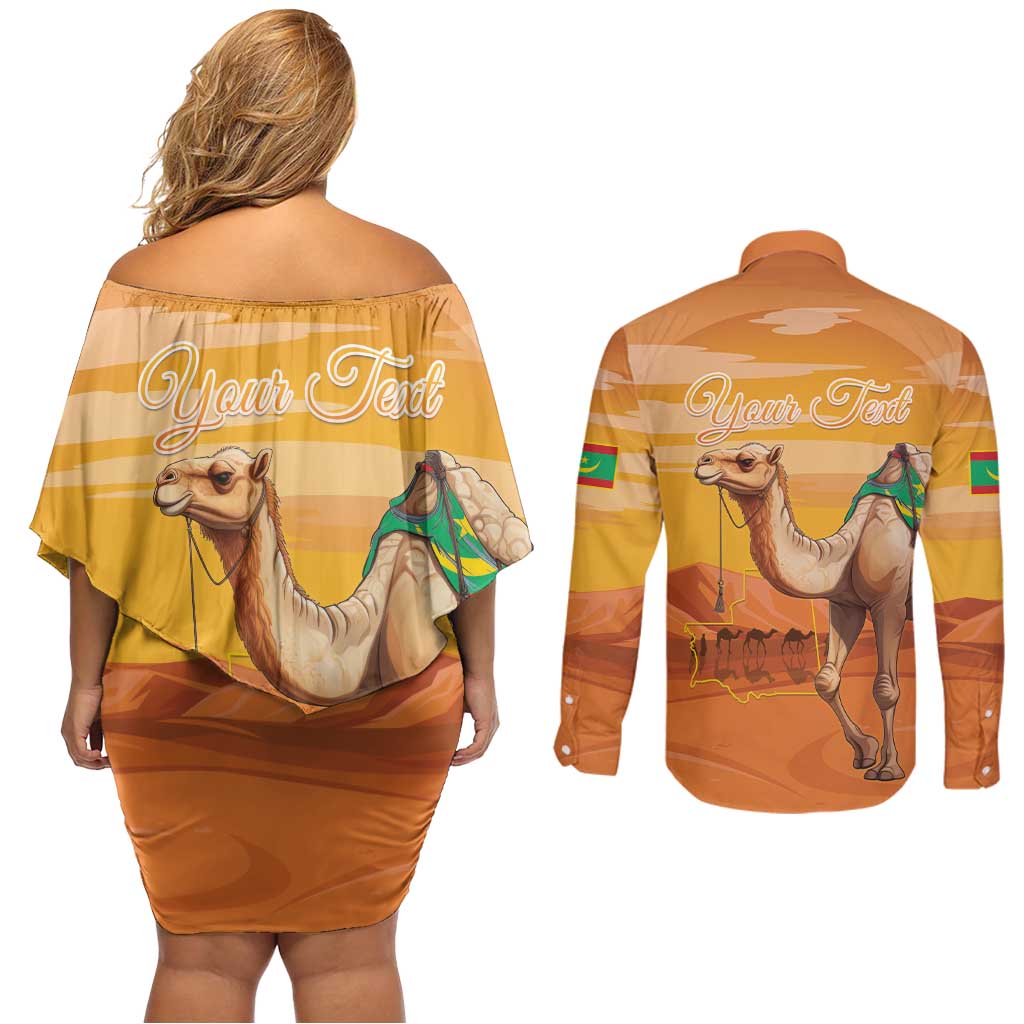 Personalized Mauritania Sahara Couples Matching Off Shoulder Short Dress and Long Sleeve Button Shirt Camel With Map - Wonder Print Shop