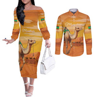 Personalized Mauritania Sahara Couples Matching Off The Shoulder Long Sleeve Dress and Long Sleeve Button Shirt Camel With Map - Wonder Print Shop