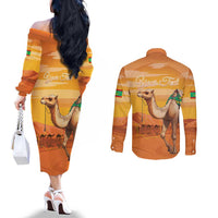 Personalized Mauritania Sahara Couples Matching Off The Shoulder Long Sleeve Dress and Long Sleeve Button Shirt Camel With Map - Wonder Print Shop