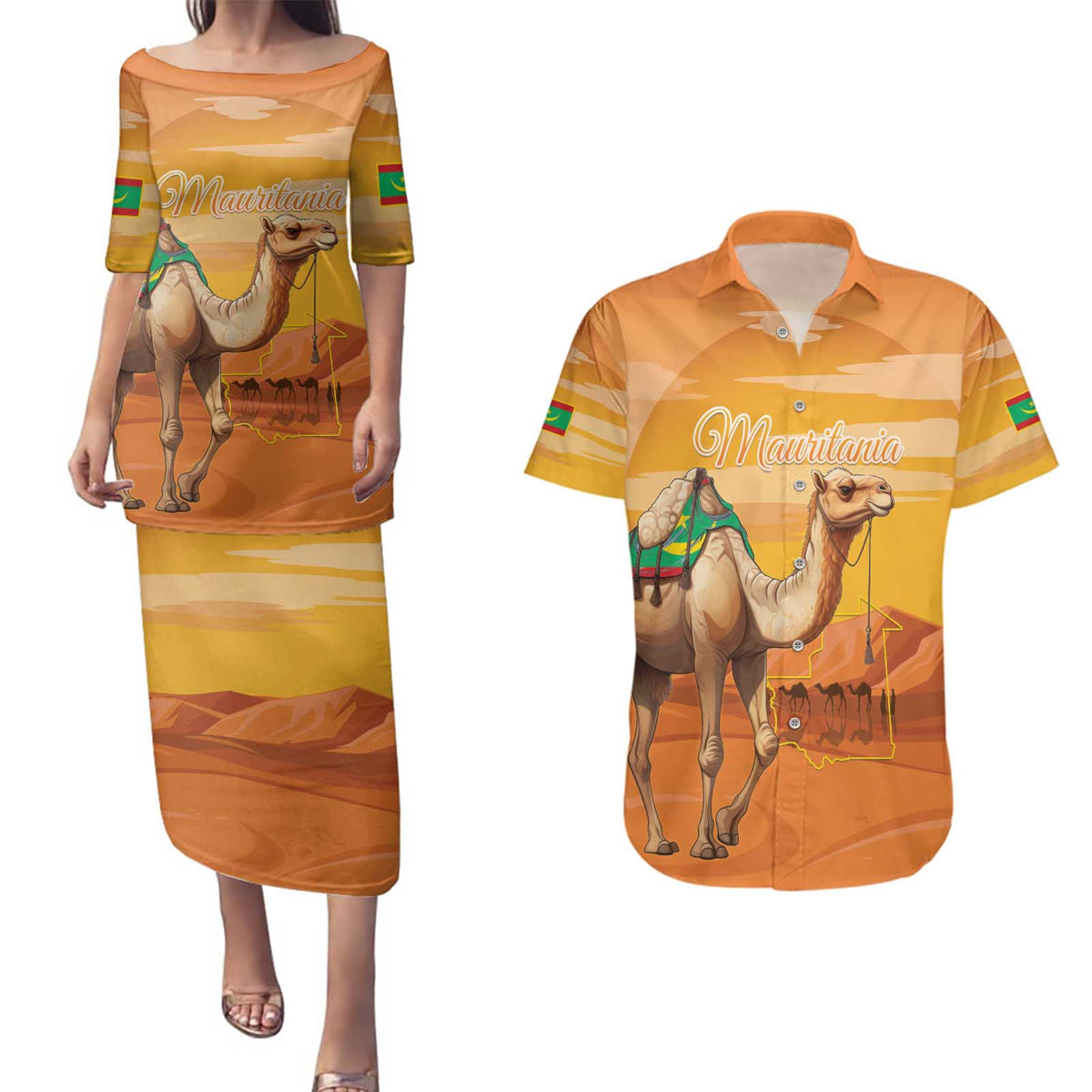 Personalized Mauritania Sahara Couples Matching Puletasi and Hawaiian Shirt Camel With Map - Wonder Print Shop