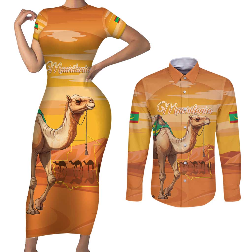 Personalized Mauritania Sahara Couples Matching Short Sleeve Bodycon Dress and Long Sleeve Button Shirt Camel With Map - Wonder Print Shop