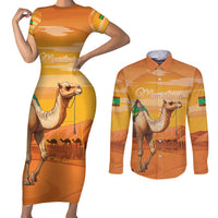 Personalized Mauritania Sahara Couples Matching Short Sleeve Bodycon Dress and Long Sleeve Button Shirt Camel With Map - Wonder Print Shop