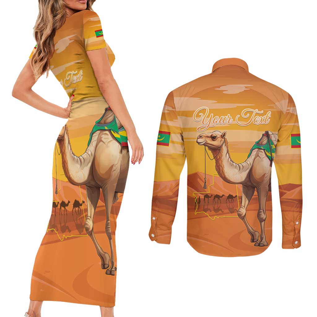 Personalized Mauritania Sahara Couples Matching Short Sleeve Bodycon Dress and Long Sleeve Button Shirt Camel With Map - Wonder Print Shop