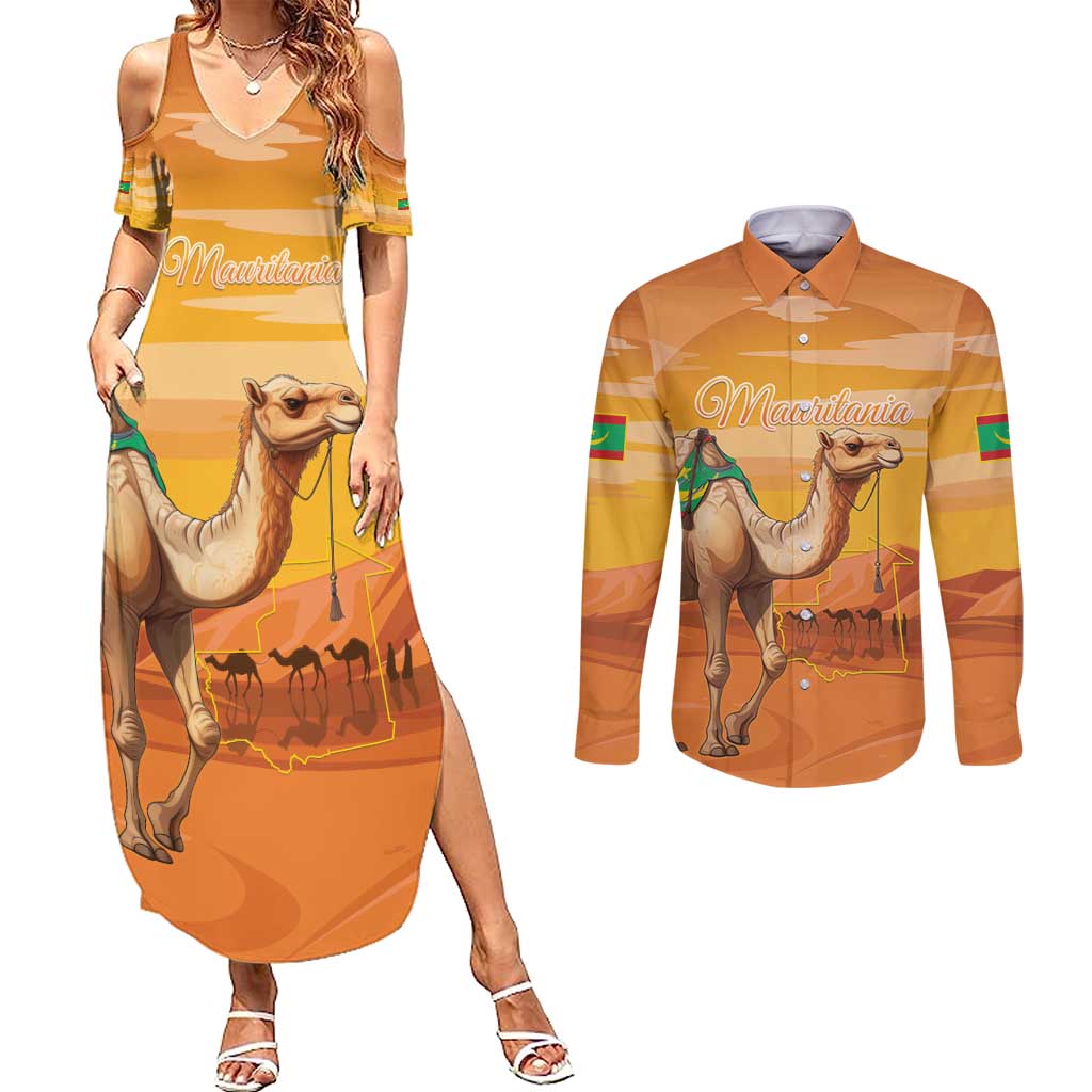 Personalized Mauritania Sahara Couples Matching Summer Maxi Dress and Long Sleeve Button Shirt Camel With Map - Wonder Print Shop