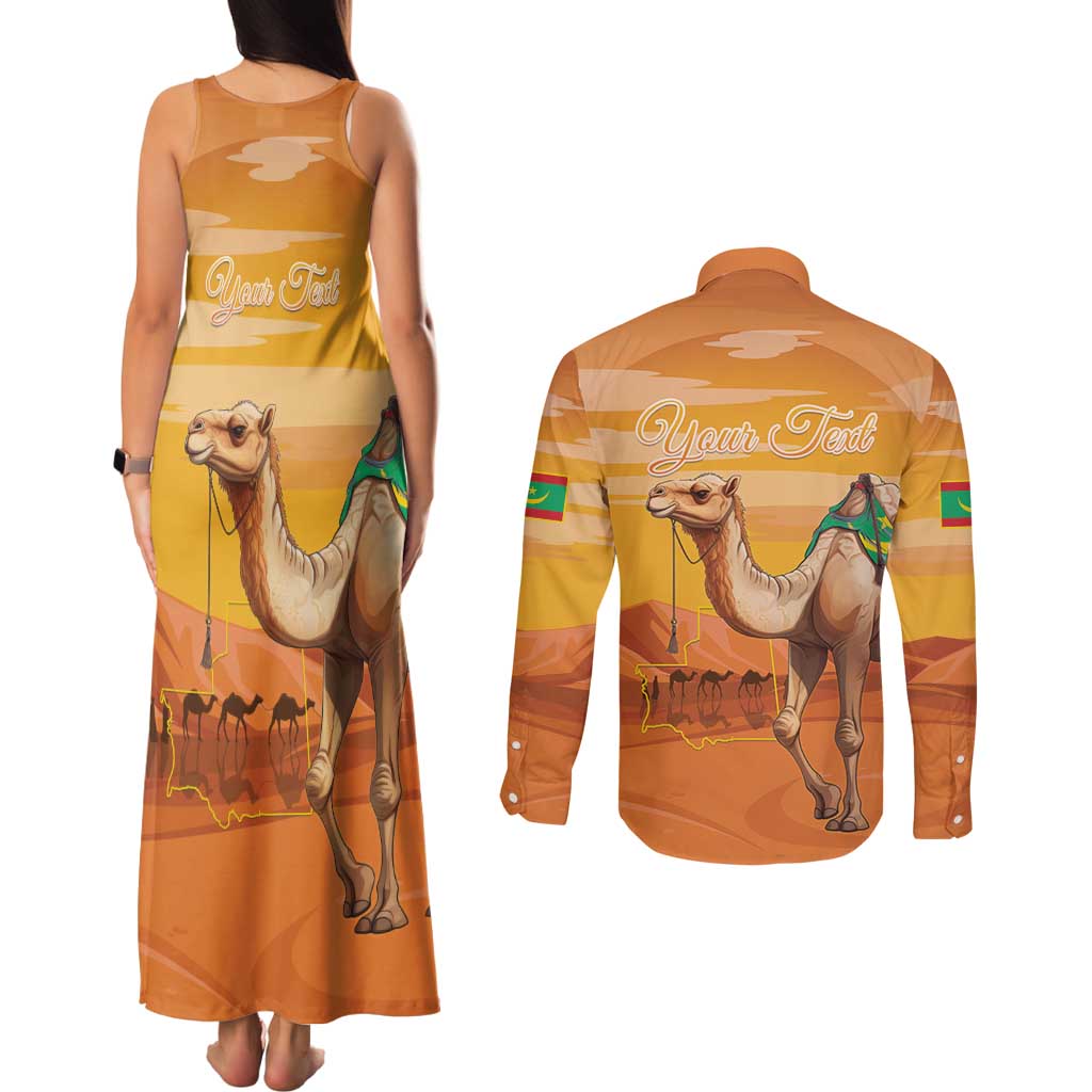 Personalized Mauritania Sahara Couples Matching Tank Maxi Dress and Long Sleeve Button Shirt Camel With Map - Wonder Print Shop