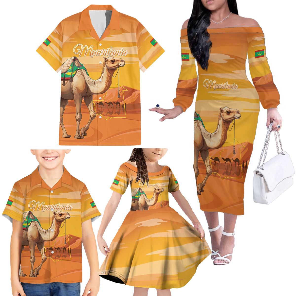 Personalized Mauritania Sahara Family Matching Off The Shoulder Long Sleeve Dress and Hawaiian Shirt Camel With Map - Wonder Print Shop